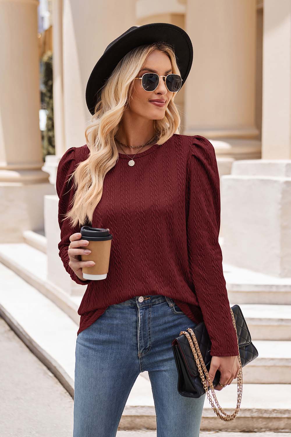 Round Neck Puff Sleeve Blouse