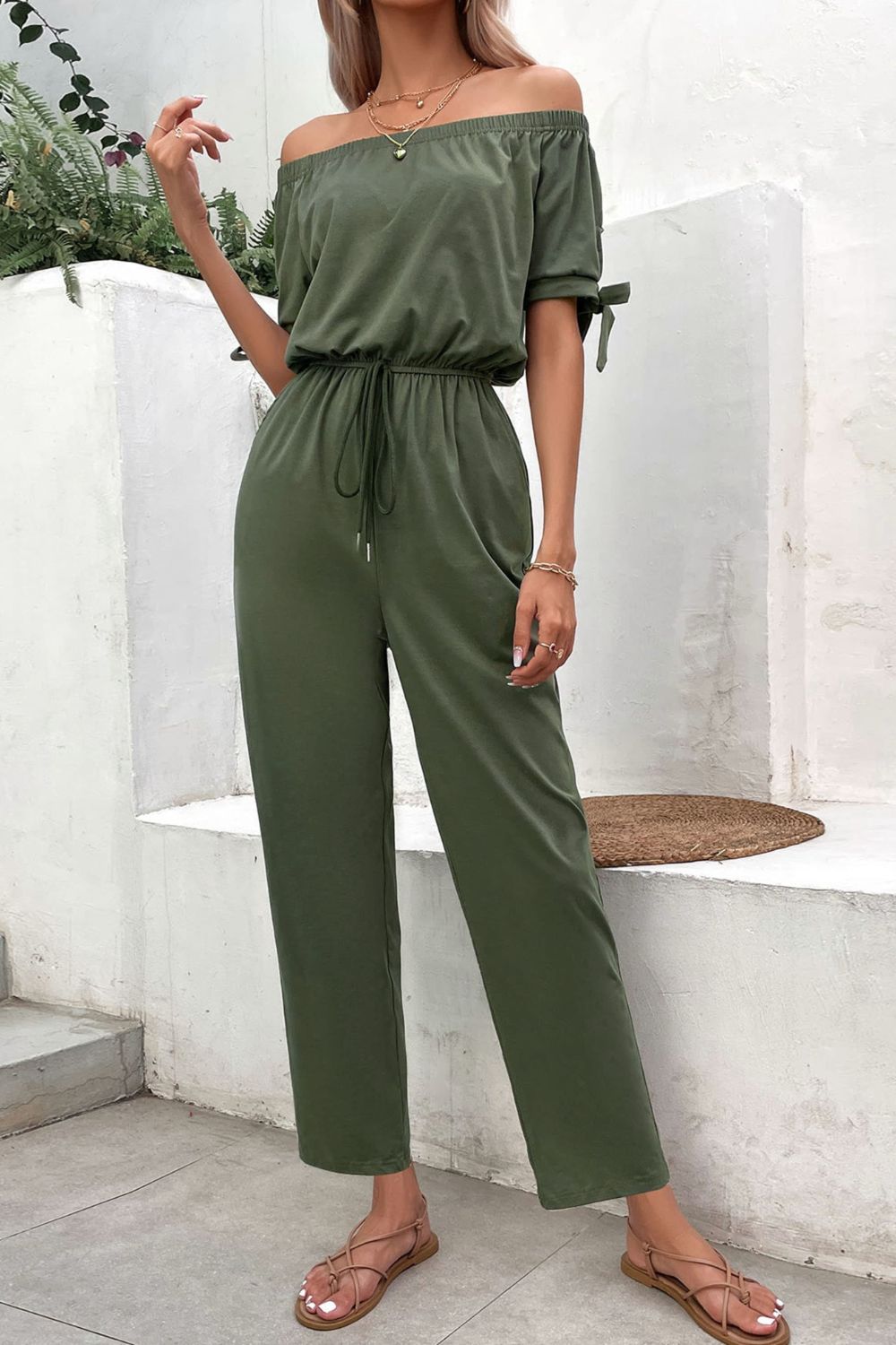 Off-Shoulder Tie Cuff Jumpsuit with Pockets