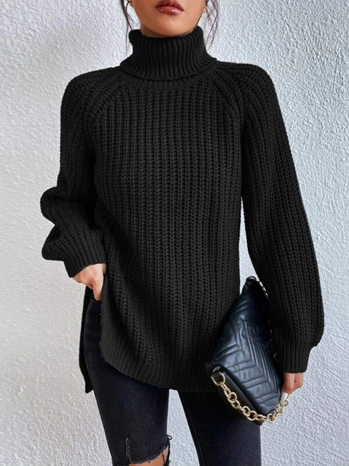 Full Size Turtleneck Rib-Knit Slit Sweater