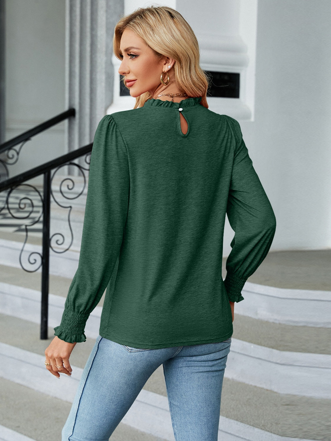 Frill Mock Neck Long Sleeve Blouse