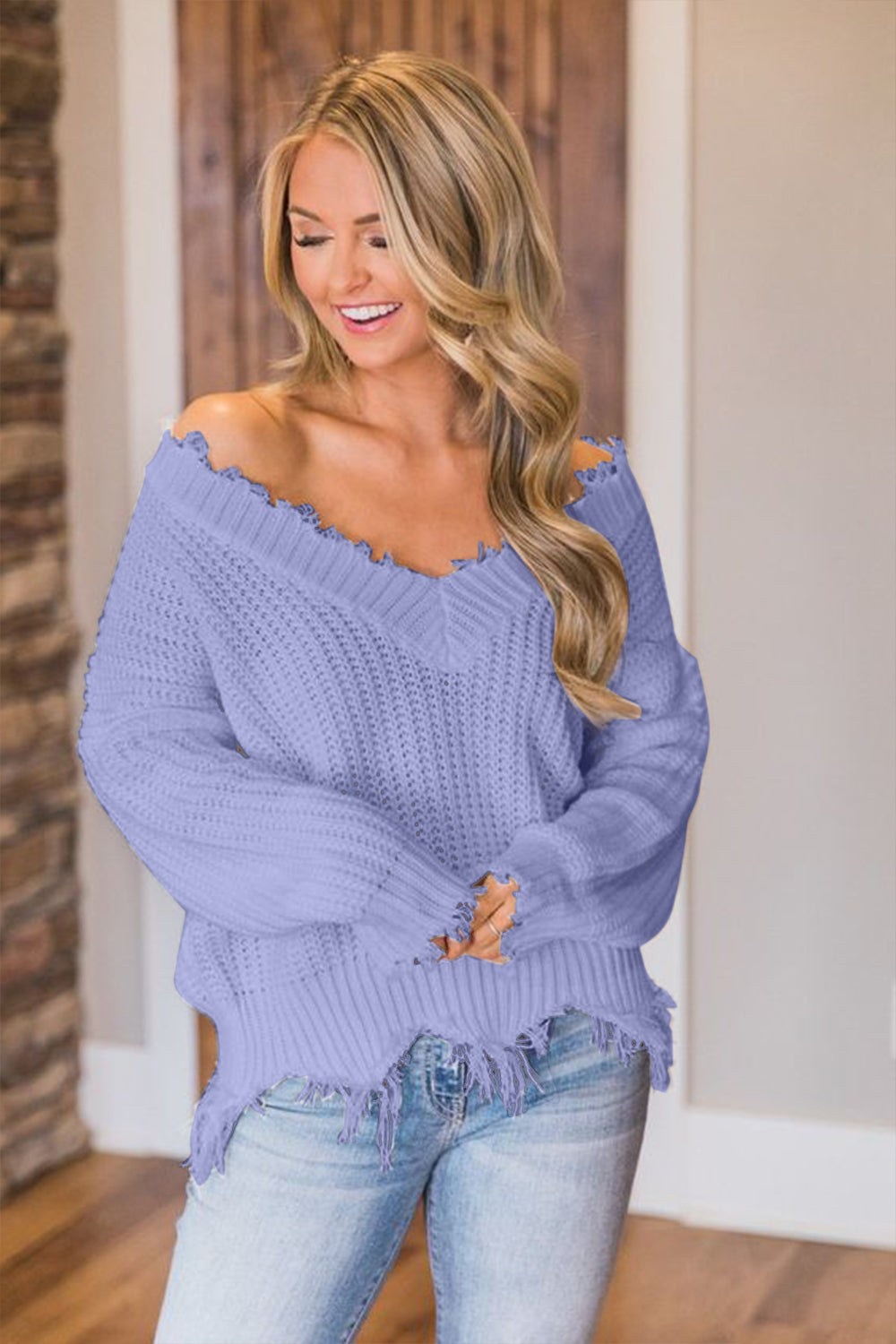 Frayed Hem Dropped Shoulder Sweater