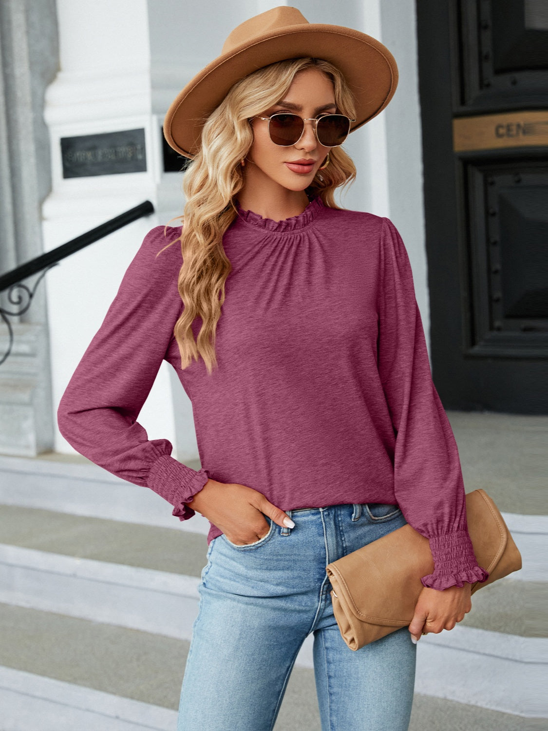 Frill Mock Neck Long Sleeve Blouse