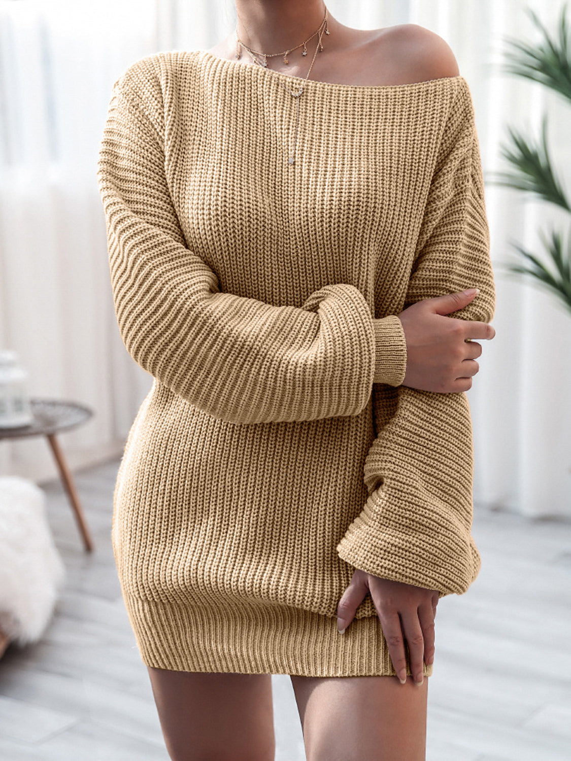 Rib-Knit Mini Sweater Dress