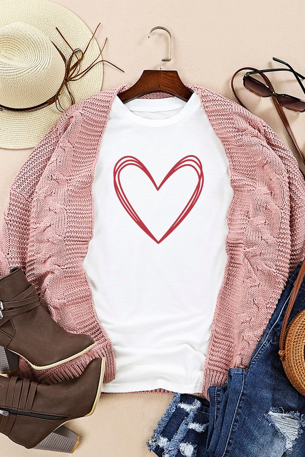 Heart Round Neck Short Sleeve T-Shirt