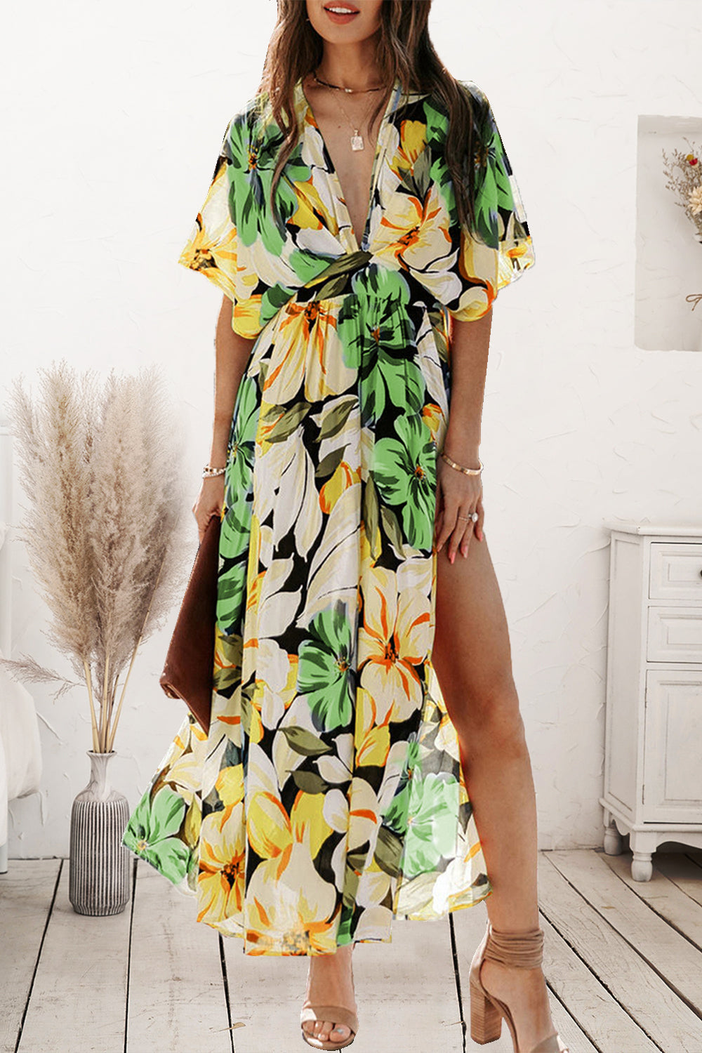 Plunge Printed Split Midi Dress