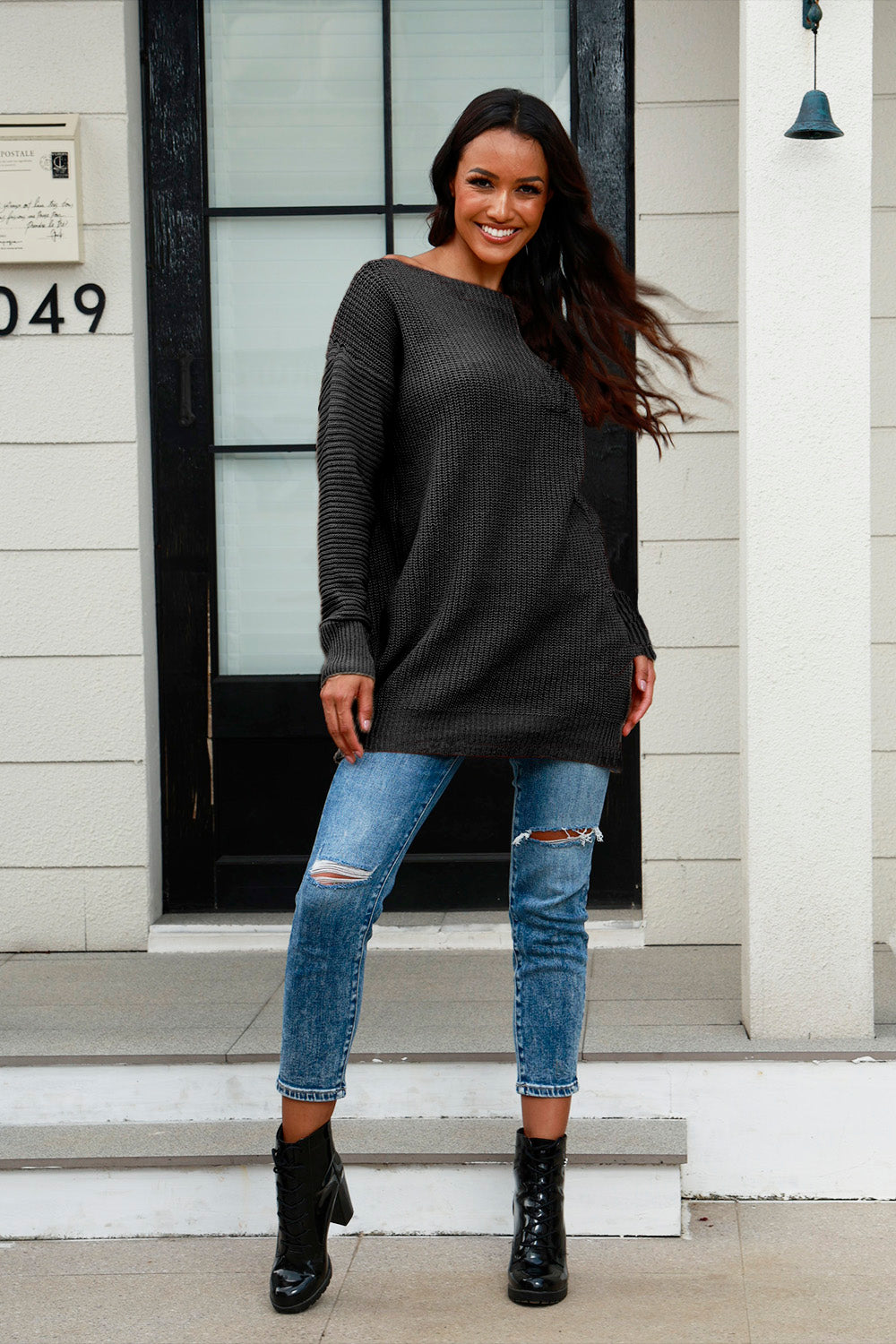 Boat Neck Dropped Shoulder Sweater