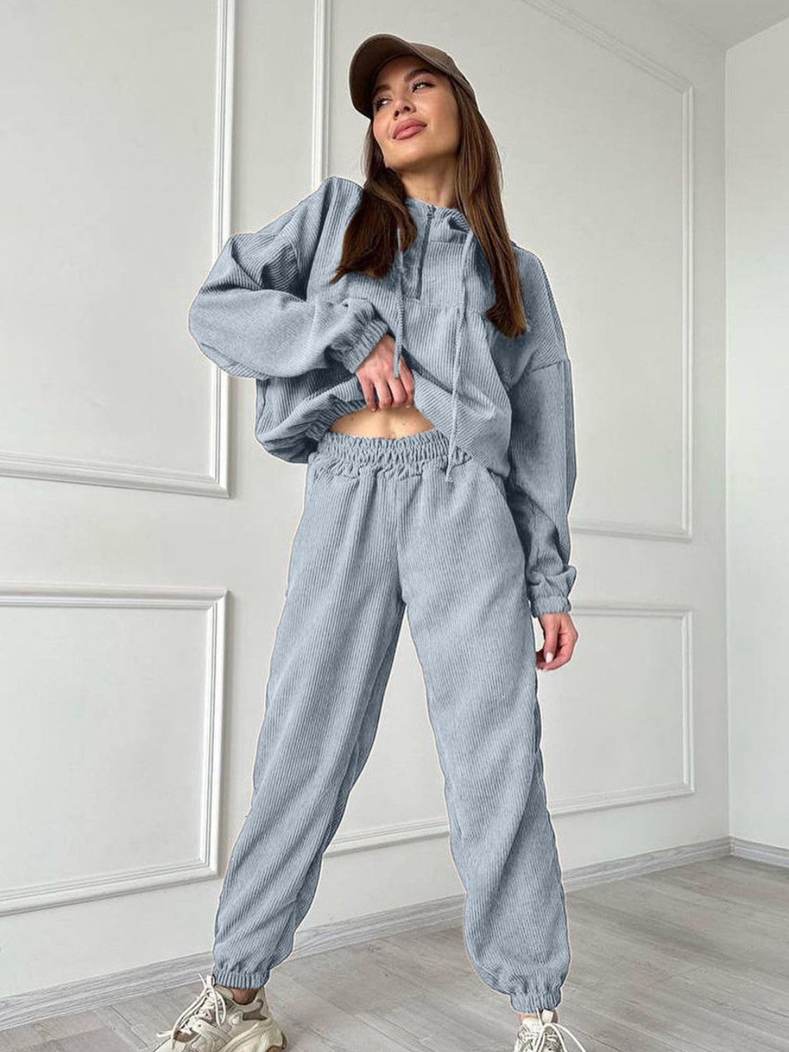 Half Zip Drawstring Hoodie and Pants Set