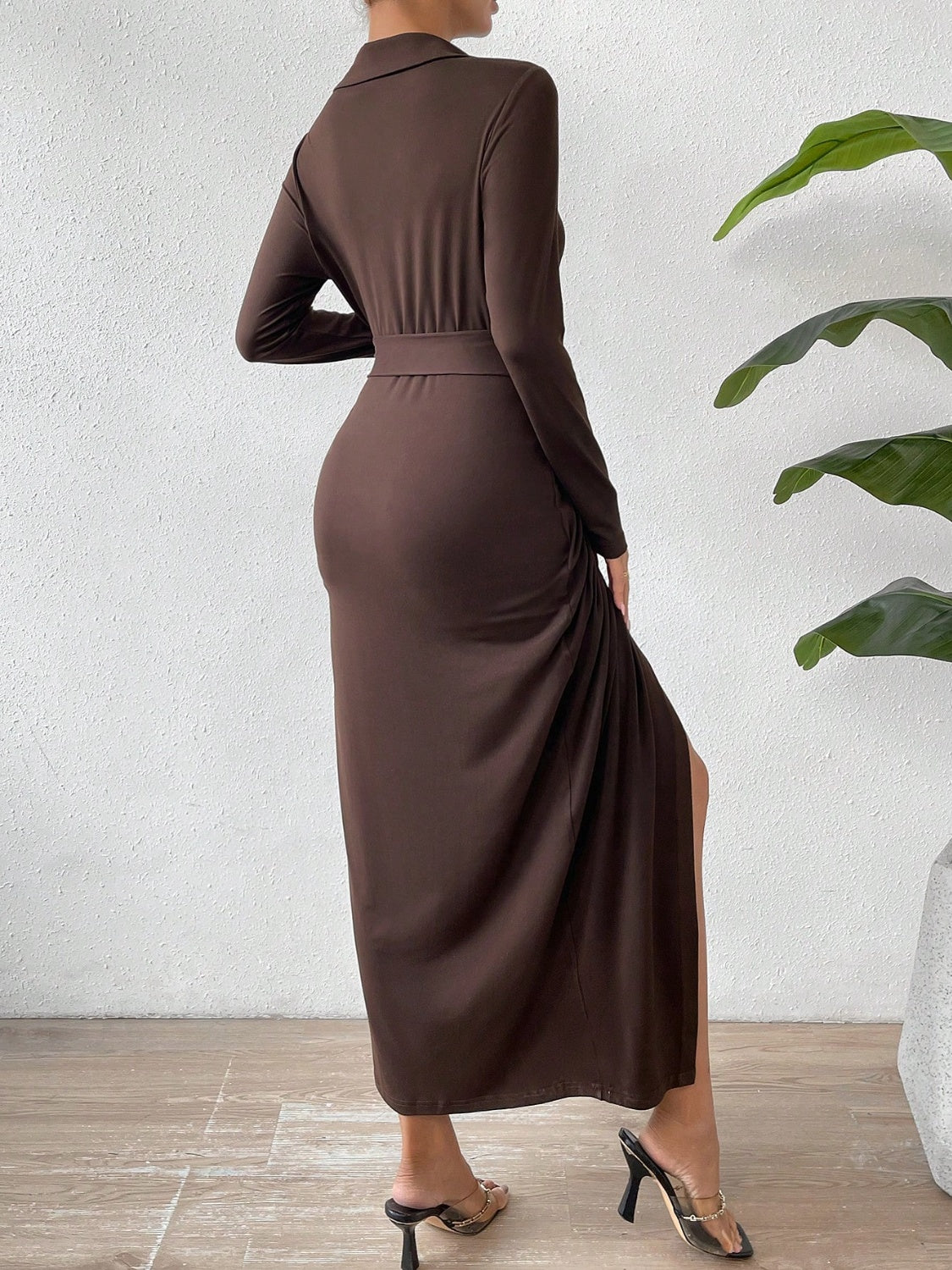 Tied Slit Long Sleeve Wrap Dress