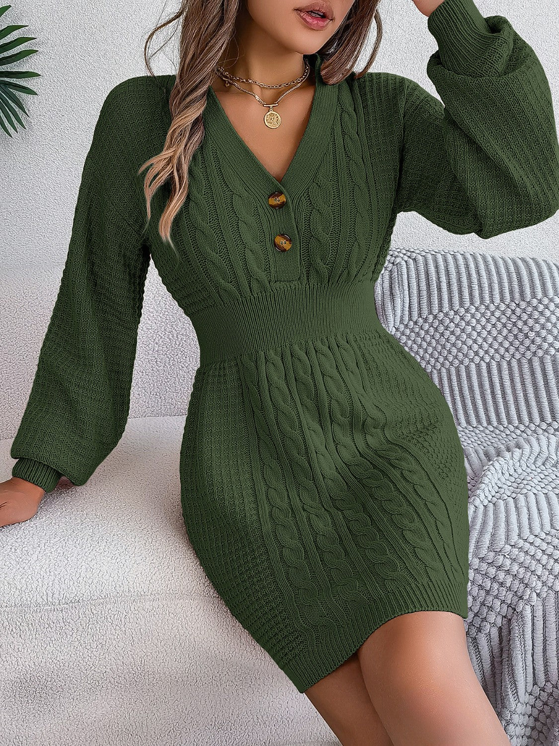 Buttoned Cable-Knit V-Neck Sweater Dress